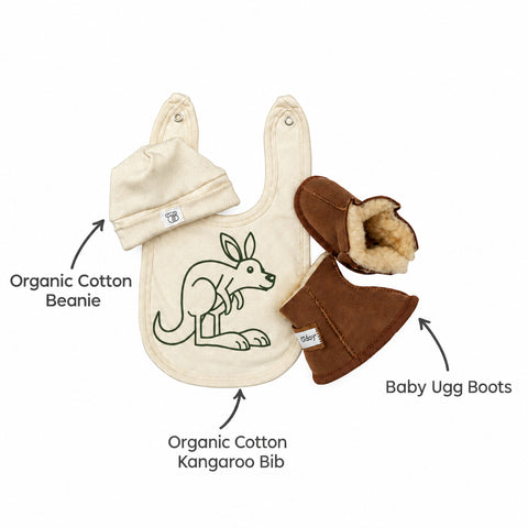 Baby gift set featuring organic cotton beanie hat, bib and baby ugg boots - all Australian made baby gift