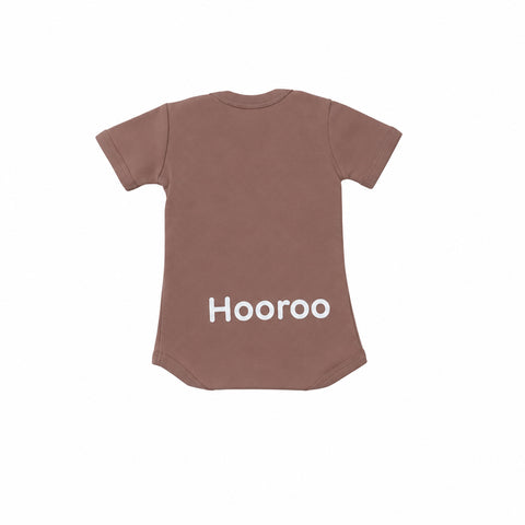 A short-sleeve baby bodysuit in a muted terracotta brown color, featuring the word 'Hooroo' printed in white across the lower back, shown against a plain white background.