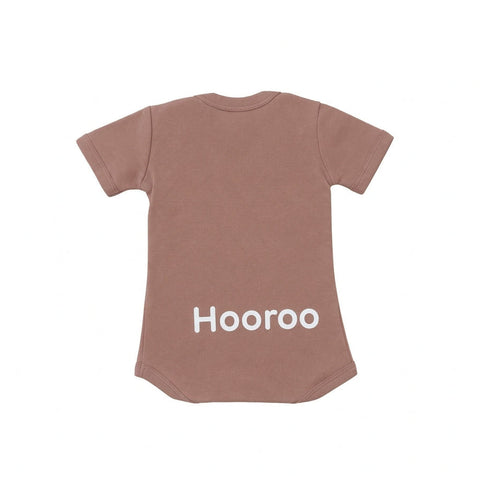 A short-sleeve baby bodysuit in a muted terracotta brown color, featuring the word 'Hooroo' printed in white across the lower back, shown against a plain white background.