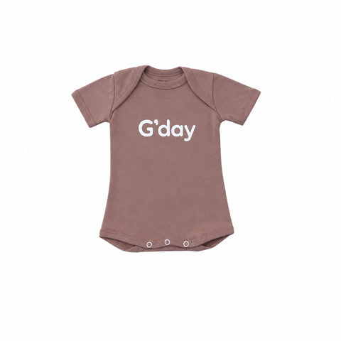 Australian made organic cotton baby bodysuit romper with g'day print