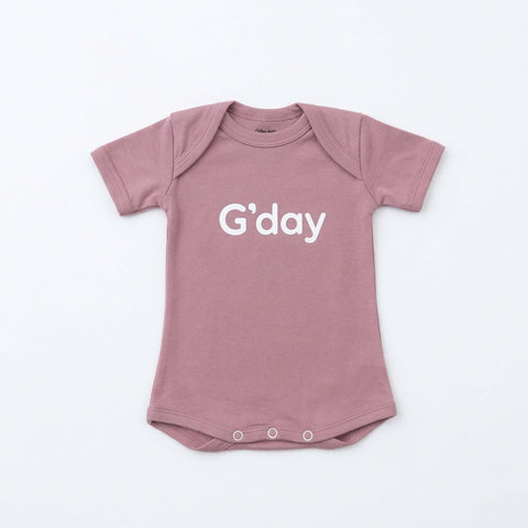 Australian made organic cotton baby bodysuit romper with g'day print