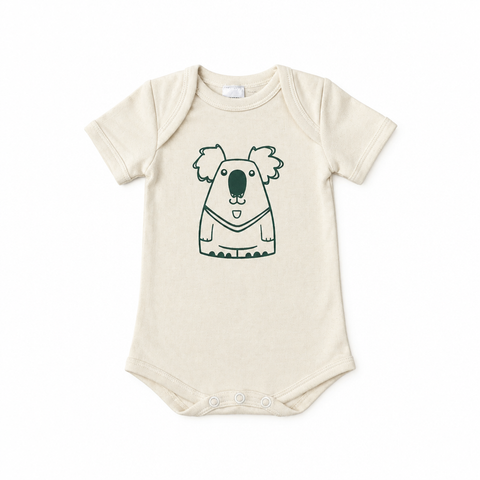 Natural cream organic cotton koala bodysuit with short sleeves and three crotch studs on white background