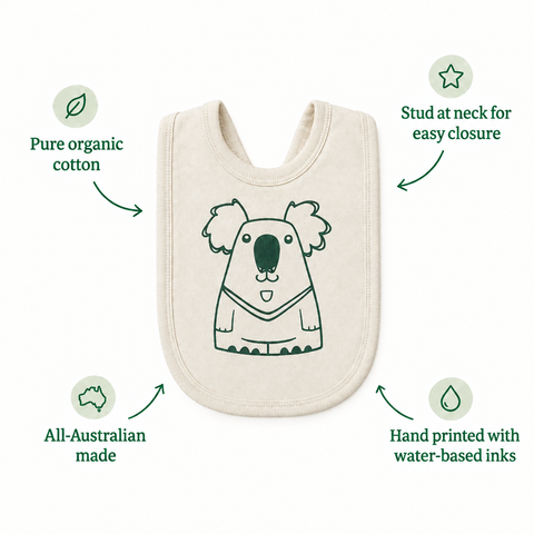 Natural koala bib with pure organic cotton, neck stud, all-Australian made and water-based ink feature callouts
