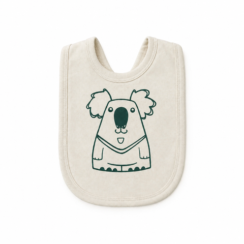Natural organic cotton baby bib with koala print on a white background