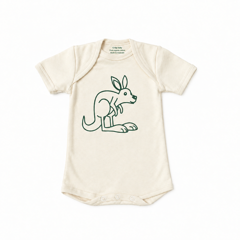 Natural organic cotton kangaroo bodysuit with G'day baby printed neck branding and three crotch studs