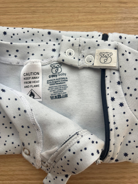 Side zip all in one sleep suit, misty blue southern sky print