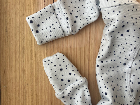 Side zip all in one sleep suit, misty blue southern sky print