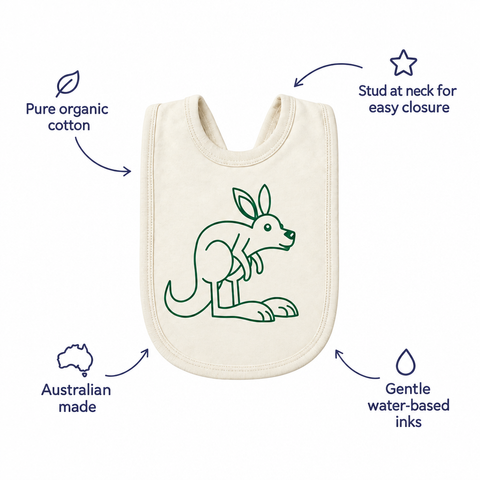 Earlier natural kangaroo bib with navy annotations