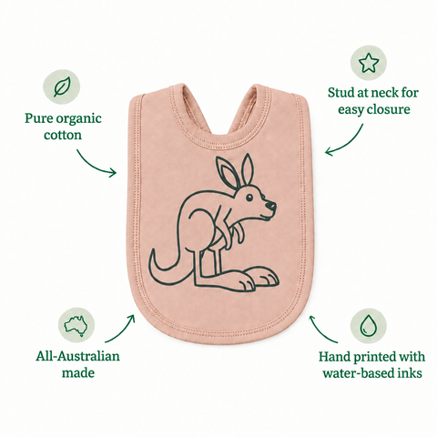 Sunset kangaroo bib with pure organic cotton, water-based inks, neck stud and all-Australian made feature callouts