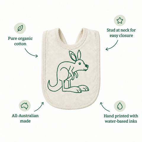 Kangaroo baby bib: pure organic cotton, hand printed with water-based inks, stud at neck for easy closure, all-Australian made