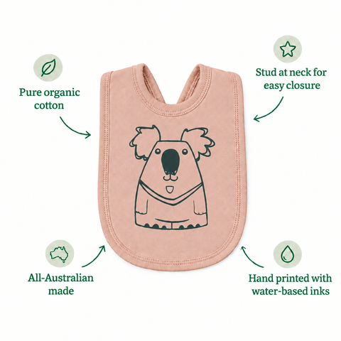 Sunset koala bib with organic cotton, water-based inks, neck stud and all-Australian made feature callouts