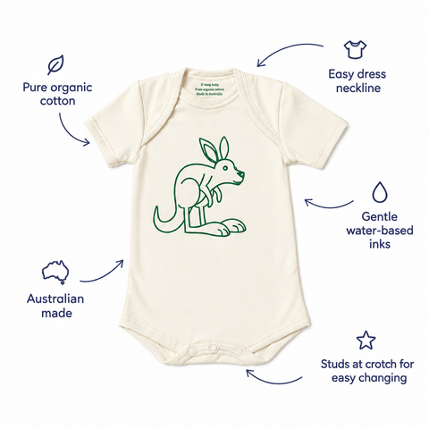 Natural cream kangaroo bodysuit with navy labels highlighting organic cotton, Australian made, water-based inks, easy dress neckline and crotch studs