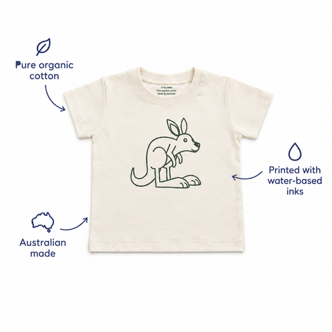 Natural kangaroo tee with navy feature annotations