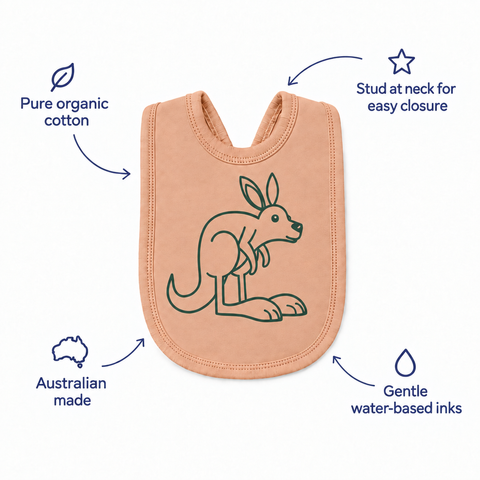 Sunset kangaroo bib matched to the koala bib’s peach colour