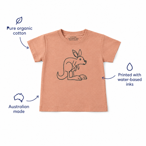 Sunset kangaroo tee with navy feature annotations