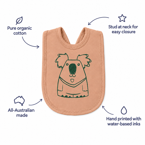 Sunset peach koala bib with agreed navy annotation styling